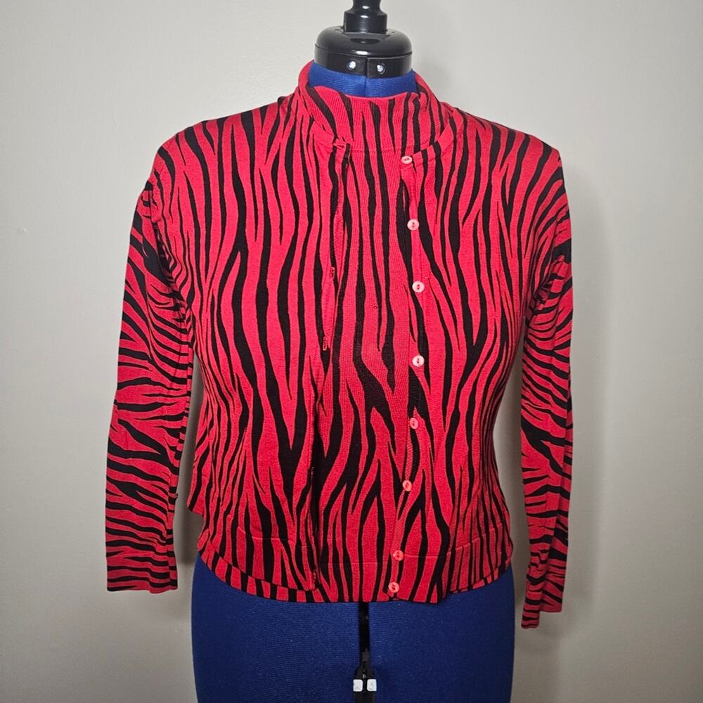 City Silk 2pc Silk Zebra Print Cardigan Top Set Petite Small Red Black Y2K